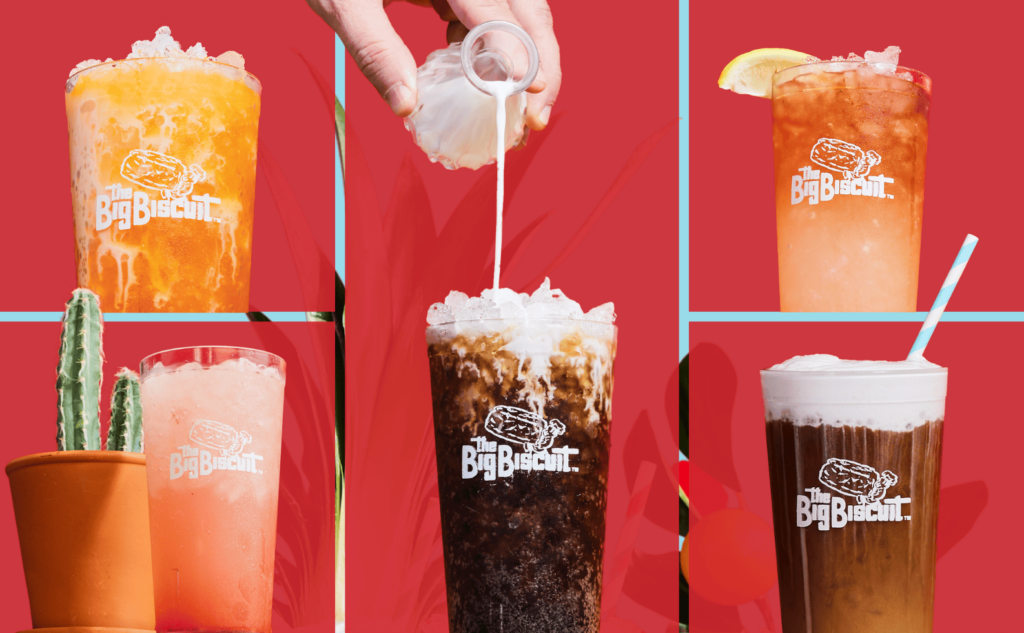 Collage of 5 beverages on red background, hand pouring coconut cream into cup