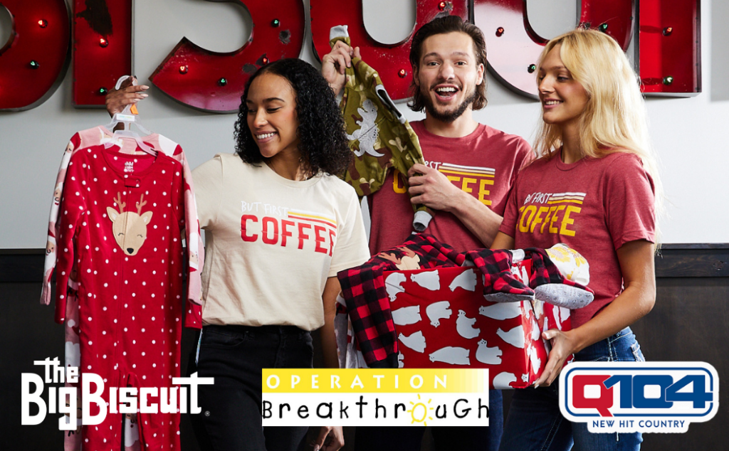 An image of three team members from The Big Biscuit holding kids pajamas