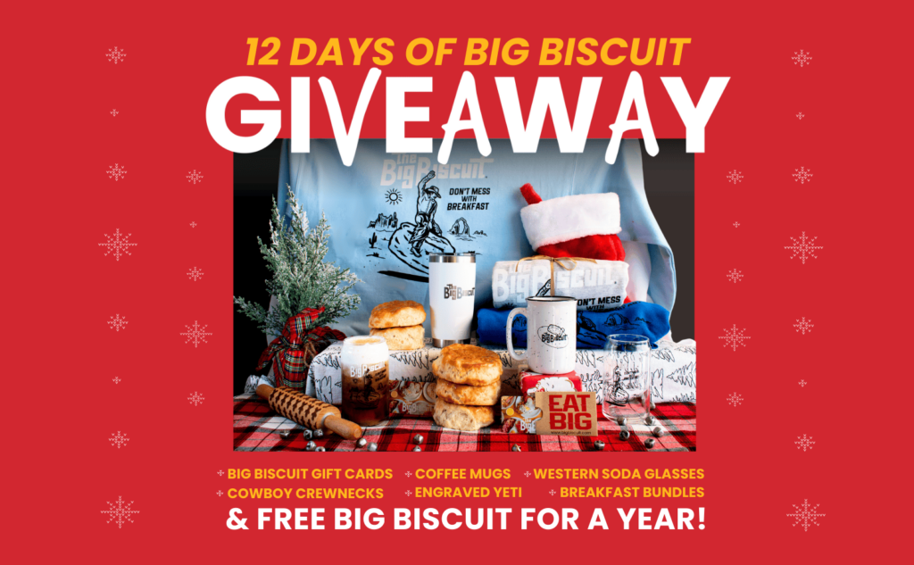 Sweatshirts, coffee mugs, gift cards, little tree sitting together with the words GIVEAWAY highlighting The Big Biscuit 12 days of Christmas Giveaway
