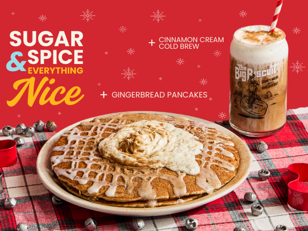Gingerbread Pancakes and Cinnamon Cream Cold Brew sitting on a table with red plaid tablecloth and the words Sugar & Sprice & everything Nice